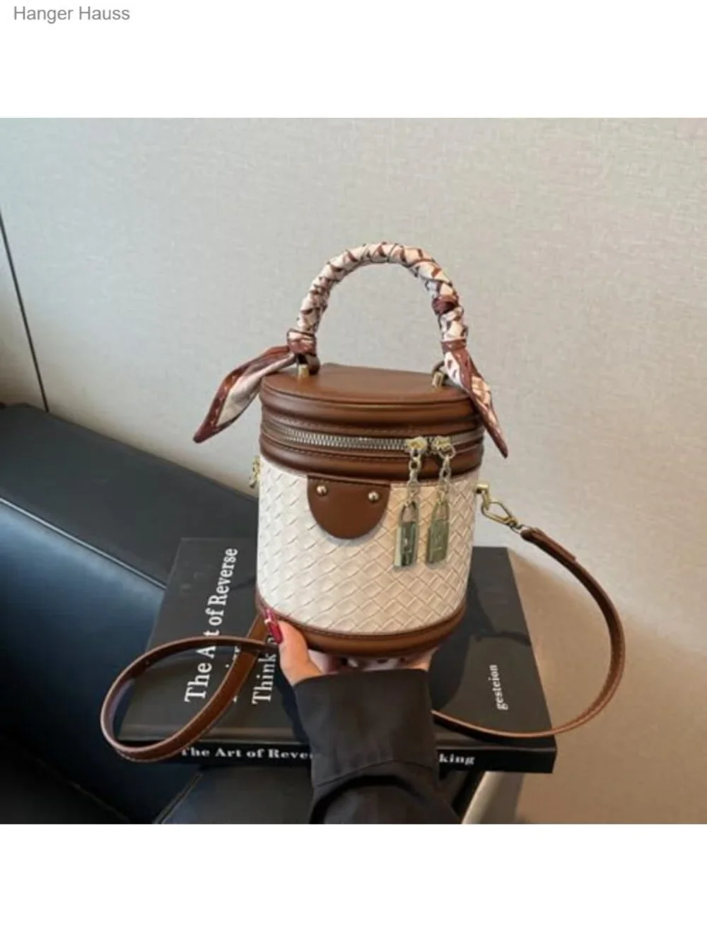 Mini Bucket Crossbody Bag Vegan Leather Woven Handbag Purse Adjustable Strap